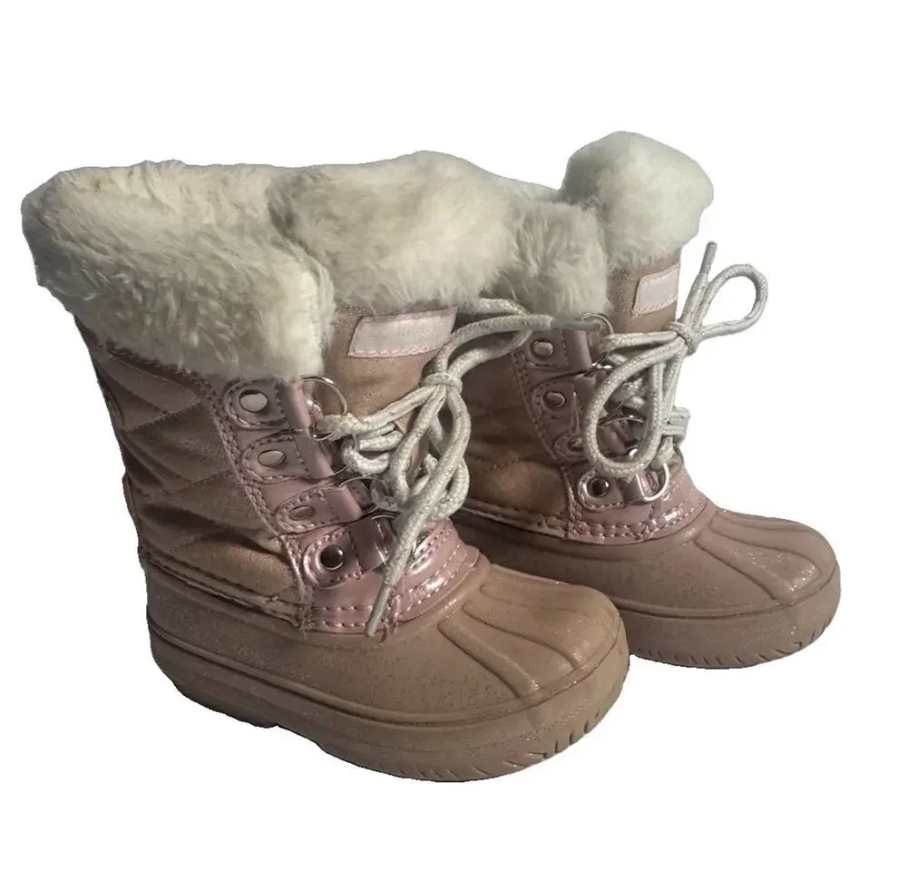 London Fog Collection Toddler Girls Size 6 Pink Faux Fur Duck Winter Snow Boots